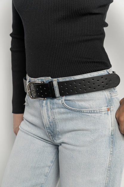 Jillian Hole Punched Faux Leather Belt | Black