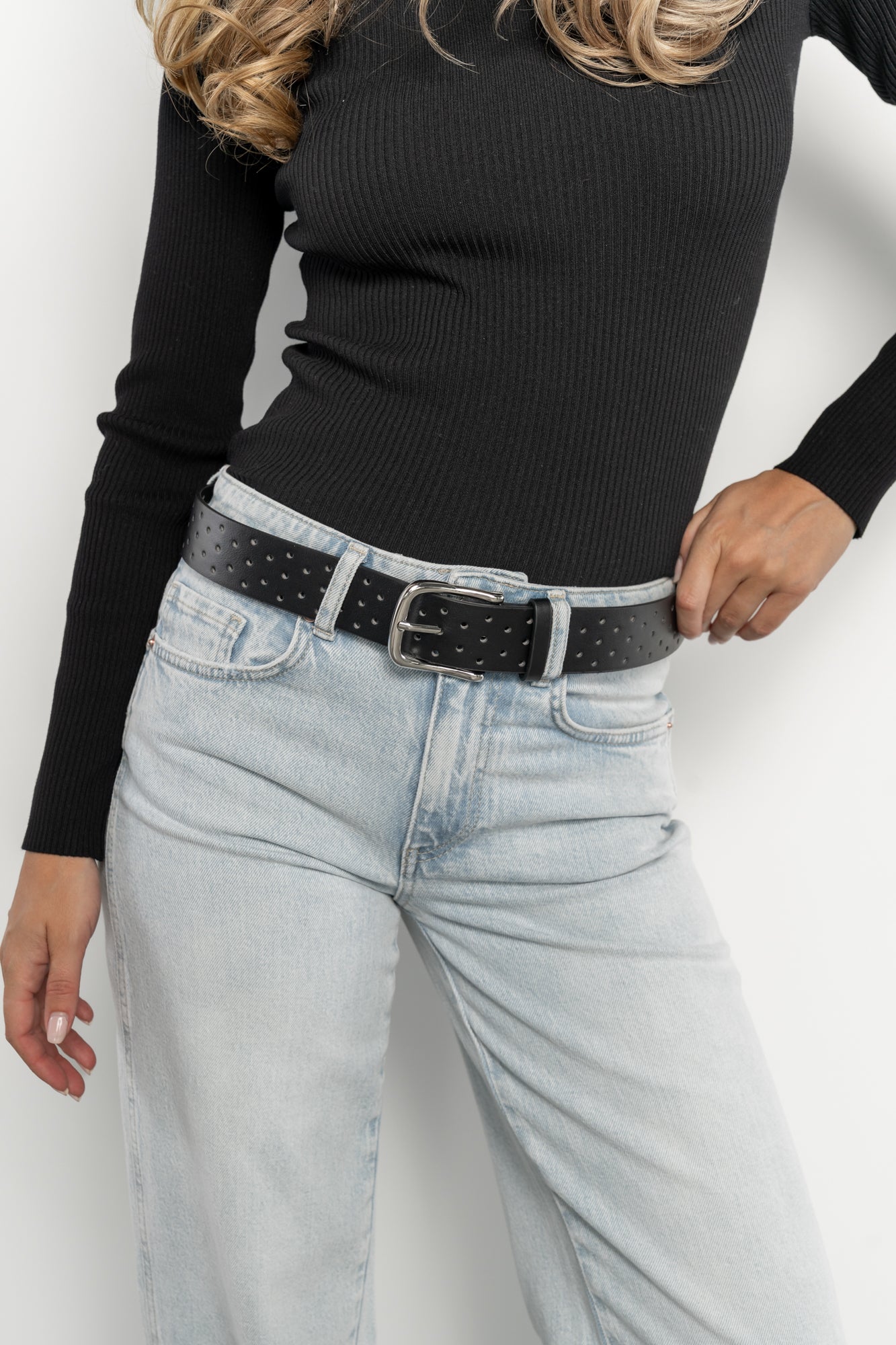 Jillian Hole Punched Faux Leather Belt | Black