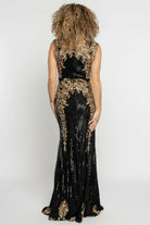 Back view of Azura gown showing fully lined interior and hidden center-back zipper with sequin detail continuing onto the skirt.