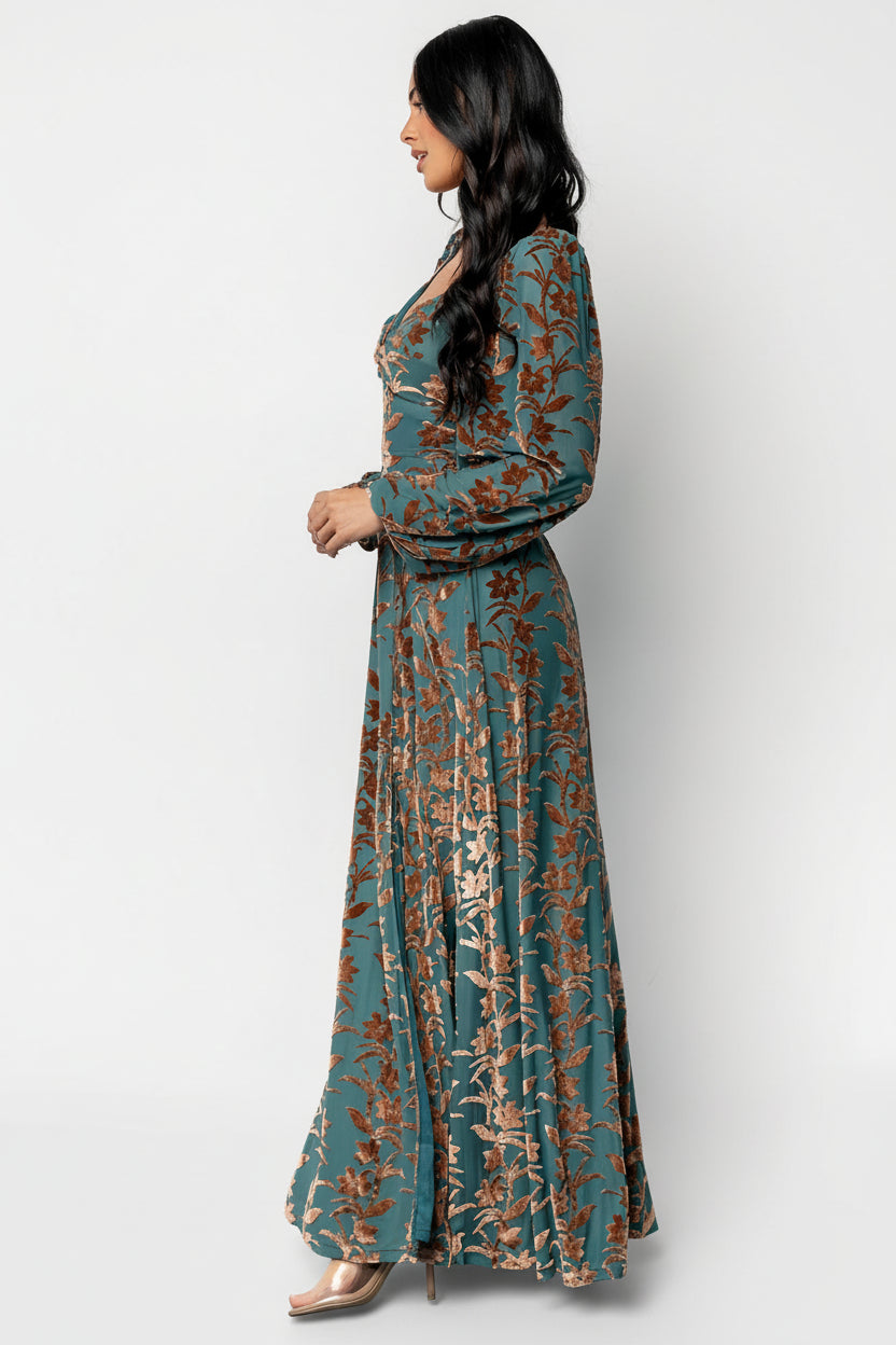 Close-up of puffed sleeve on the Aurora Velvet Maxi Dress, showing elastic at shoulder and cuff in Jade & Bronze tones.