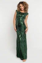 Front view of Alessia green sequin mermaid gown showing high round neckline, cap sleeves and embroidered sequin pattern; fully lined for a smooth silhouette.