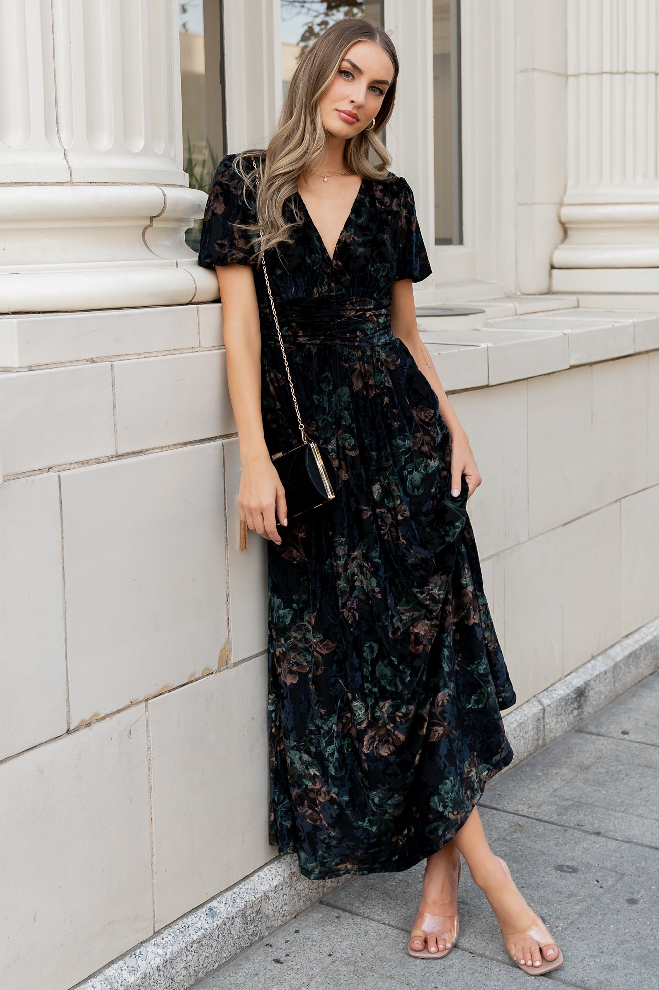 Baltic Born Womens Leslie Velvet Maxi Dress | Black + Deep Jade Floral