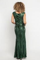 Detail shot of neckline and shoulder area on Alessia gown, showcasing the high round neckline, cap sleeve finish, and sequin embroidery.