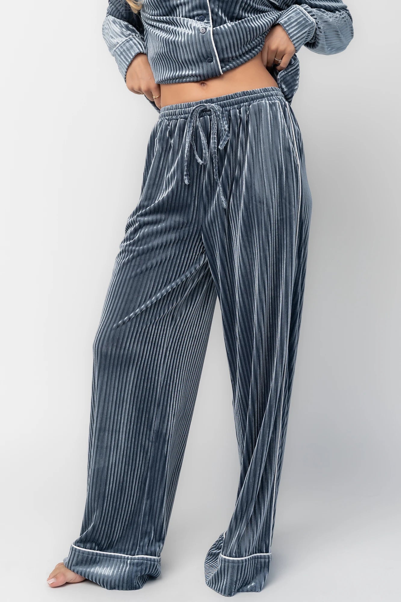 Klara Ribbed Velvet Pajama Set | Dusty Blue