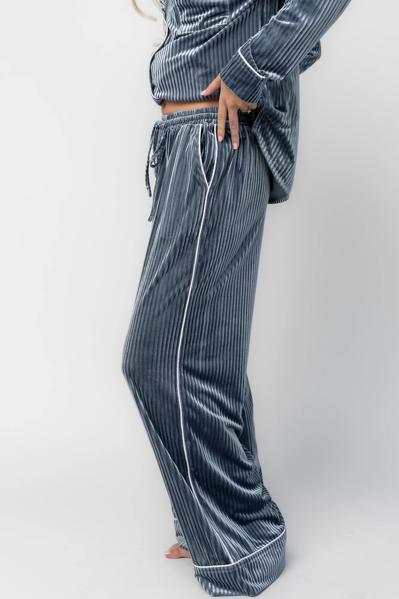 Klara Ribbed Velvet Pajama Set | Dusty Blue