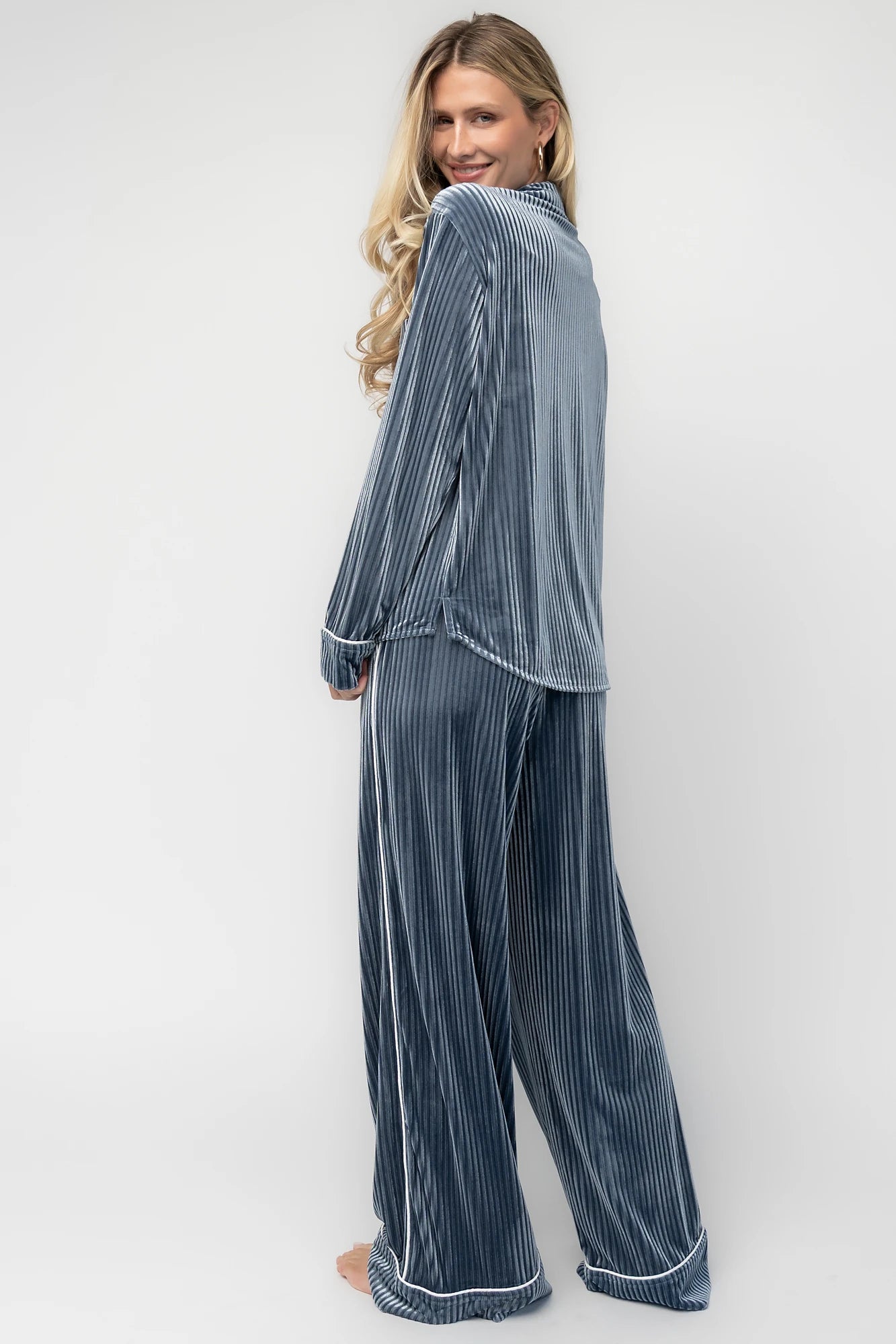 Klara Ribbed Velvet Pajama Set | Dusty Blue