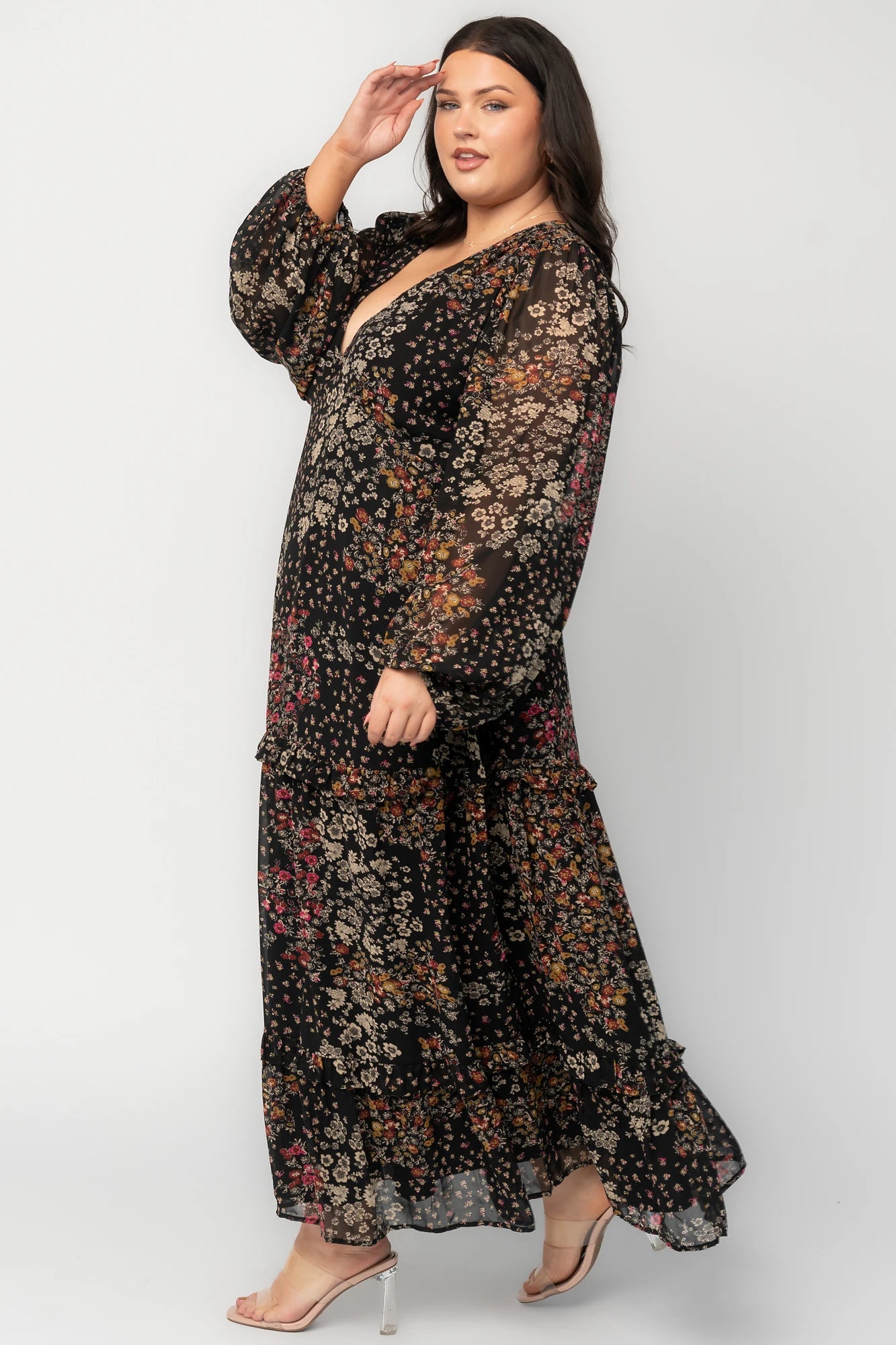 Bowman Deep V Tiered Maxi Dress in Black Multi with deep V-neck, long sleeves, ruffle-tiered skirt, and leg slit.
