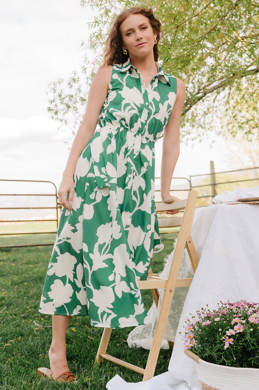 Tatum Button Down Dress | Green + Off White