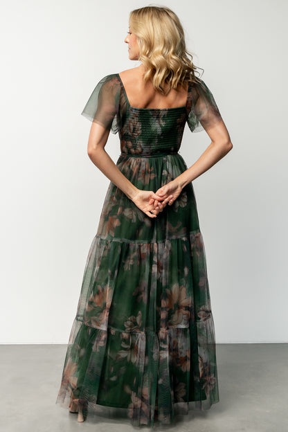 Nicola Tulle Maxi Dress | Deep Green Floral