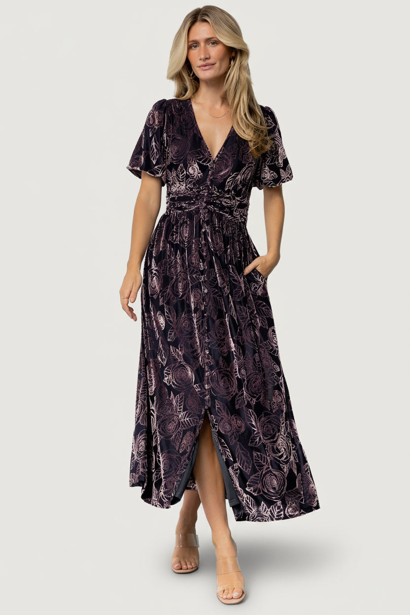 Dahlia Velvet Dress | Indigo + Purple Floral