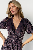 Close-up of embossed velvet pattern on Dahlia dress, highlighting textured lilac floral roses and subtle sheen of the fabric.