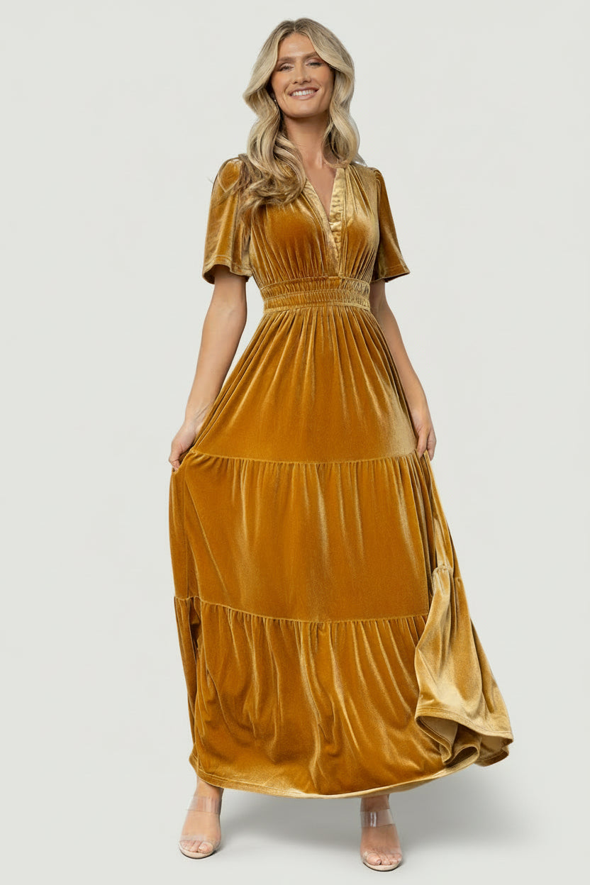 Baltic Born Womens Artemis Velvet Maxi Dress | Dark Gold