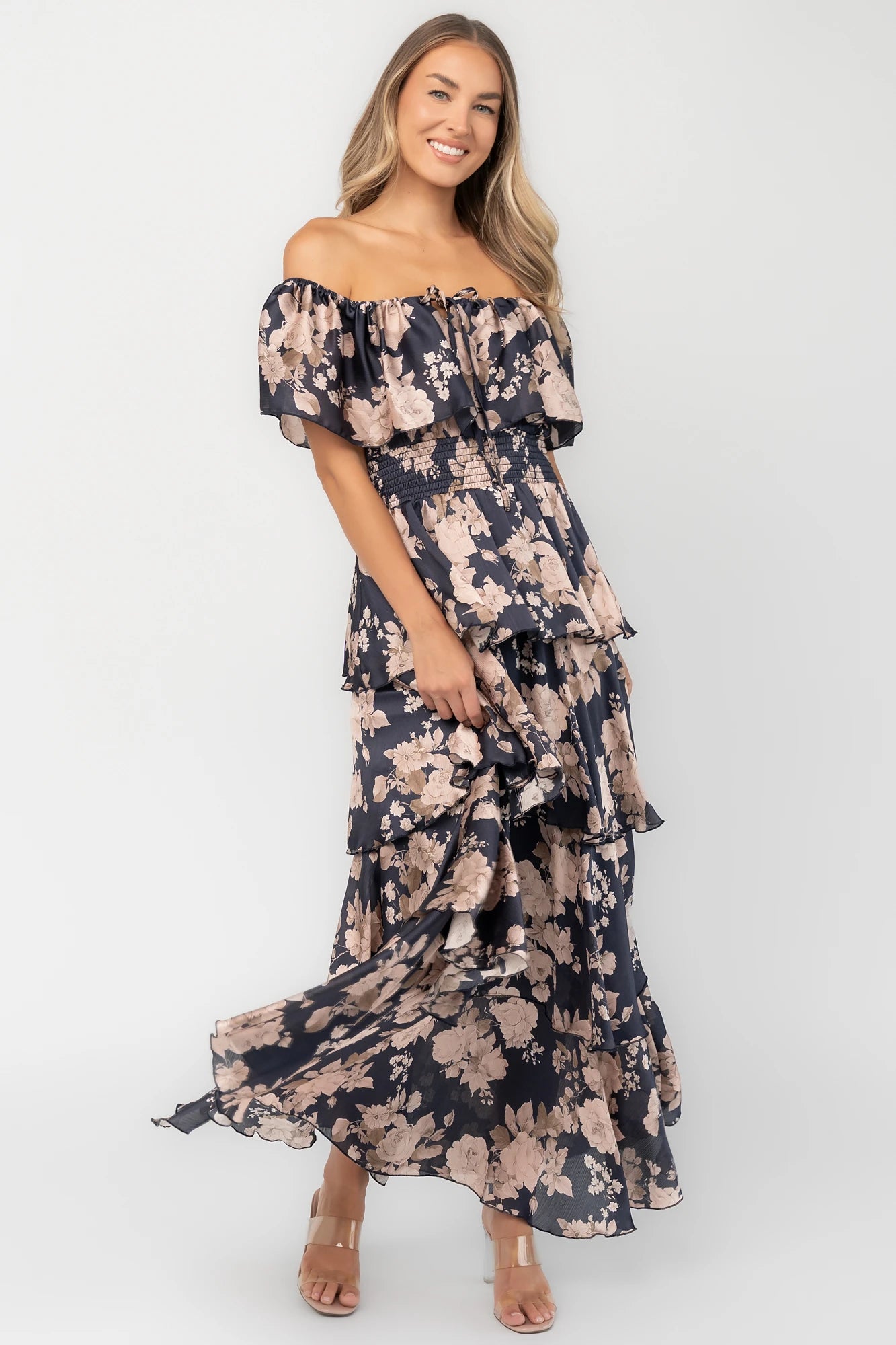 Isabelle Off Shoulder Maxi Dress | Navy + Taupe Floral
