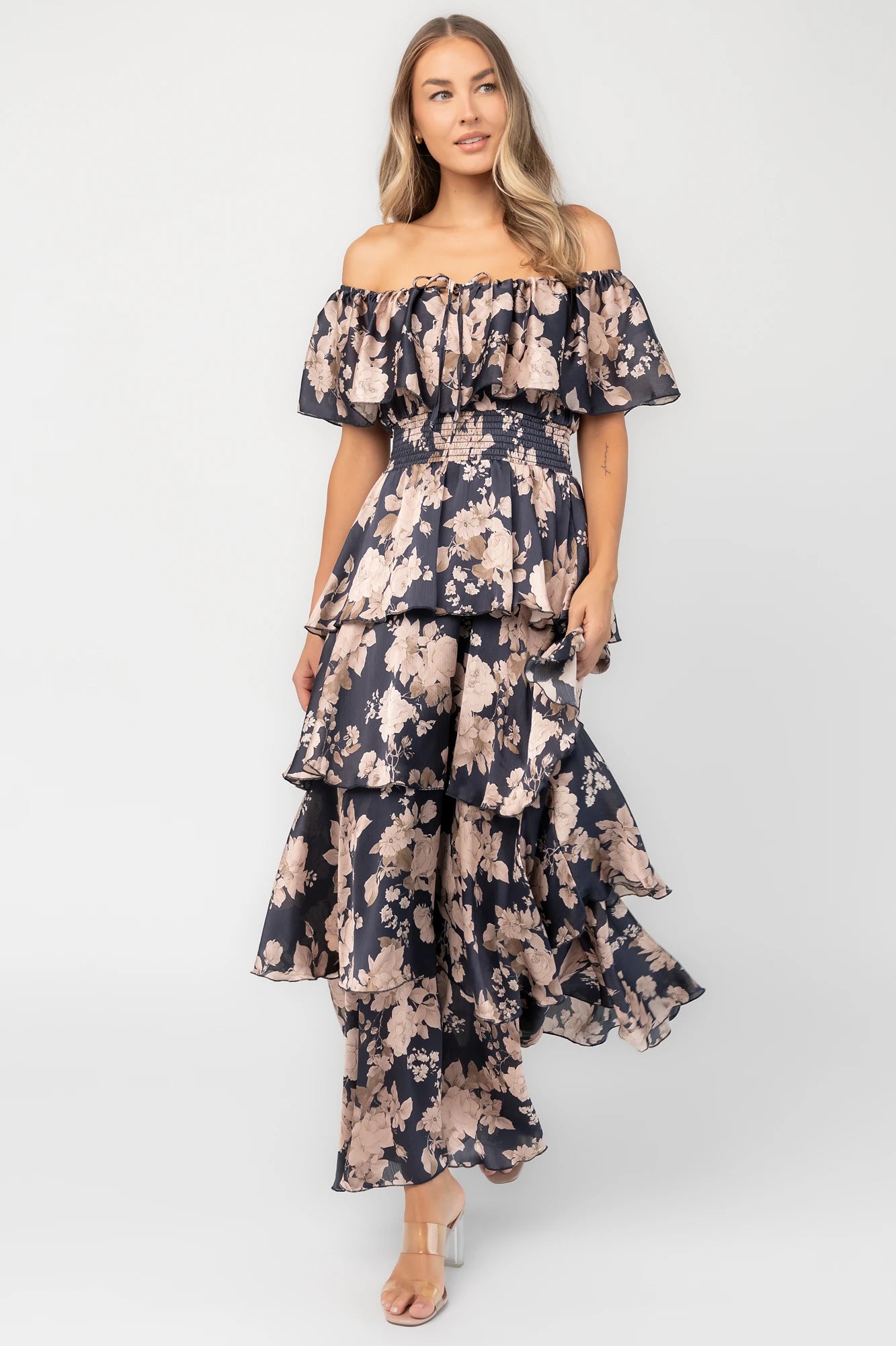 Isabelle Off Shoulder Maxi Dress | Navy + Taupe Floral