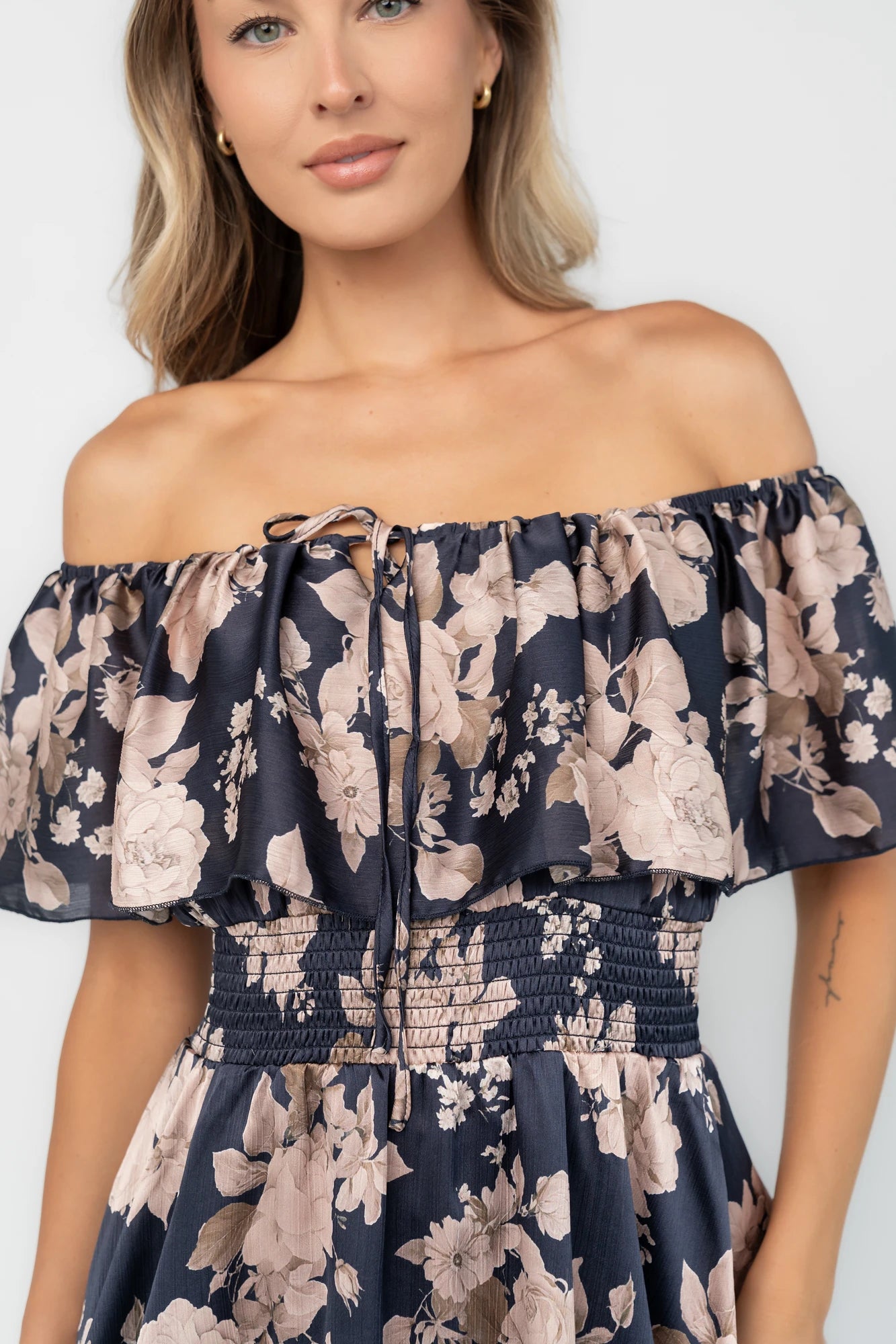 Isabelle Off Shoulder Maxi Dress | Navy + Taupe Floral