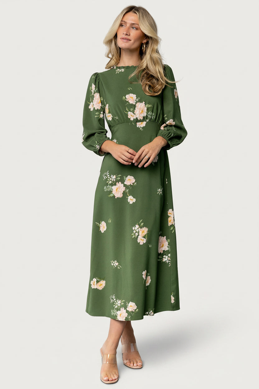 Close-up of the ruffled mock neck and back keyhole button on the Sugar Lips Karalie Maxi Dress in green floral chiffon fabric.