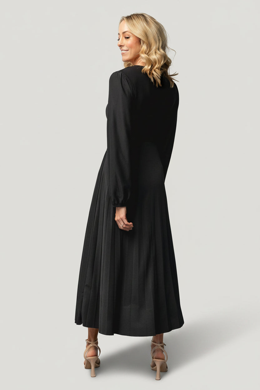 Baltic Born Womens Lynda Pleated Midi Dress | Black | Size: XL Baltic Born Womens Lynda Pleated Midi Dress | Black | Size: XL