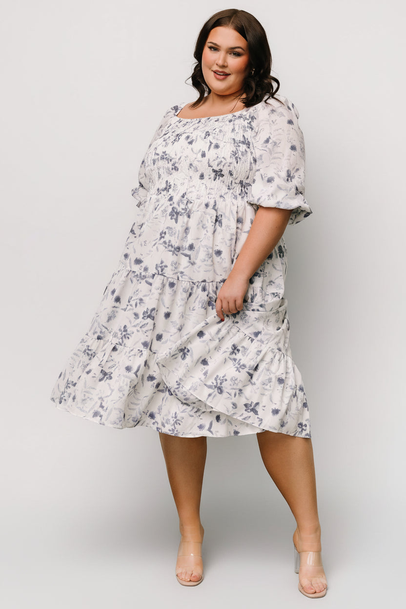 Baltic Born Womens Marta Smocked Midi Dress | White + Blue | Size: 2XL Baltic Born Womens Marta Smocked Midi Dress | White + Blue | Size: 2XL