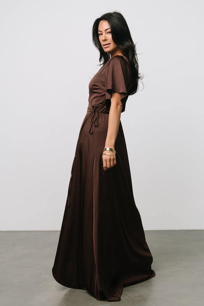 Vara Satin Maxi Wrap Dress | Espresso