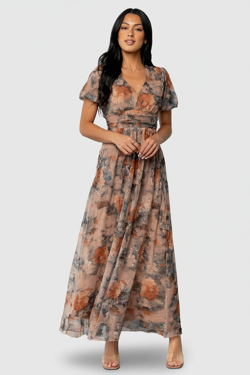 Styled look of Ardley Maxi Dress in Copper + Slate Floral paired with simple jewelry, illustrating occasion wear and length on model.
