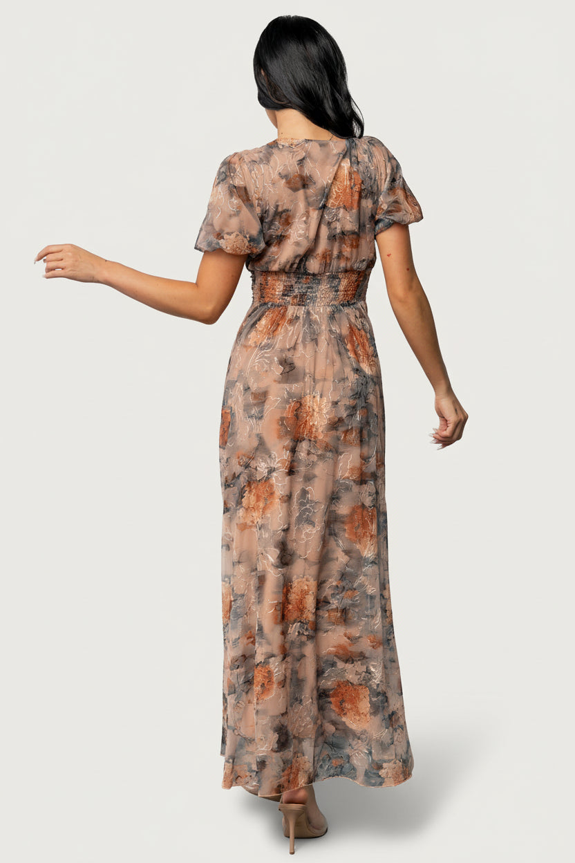 Back and hem detail of Ardley Maxi Dress in Copper + Slate Floral showing length, lining edge, and movement of the maxi skirt.