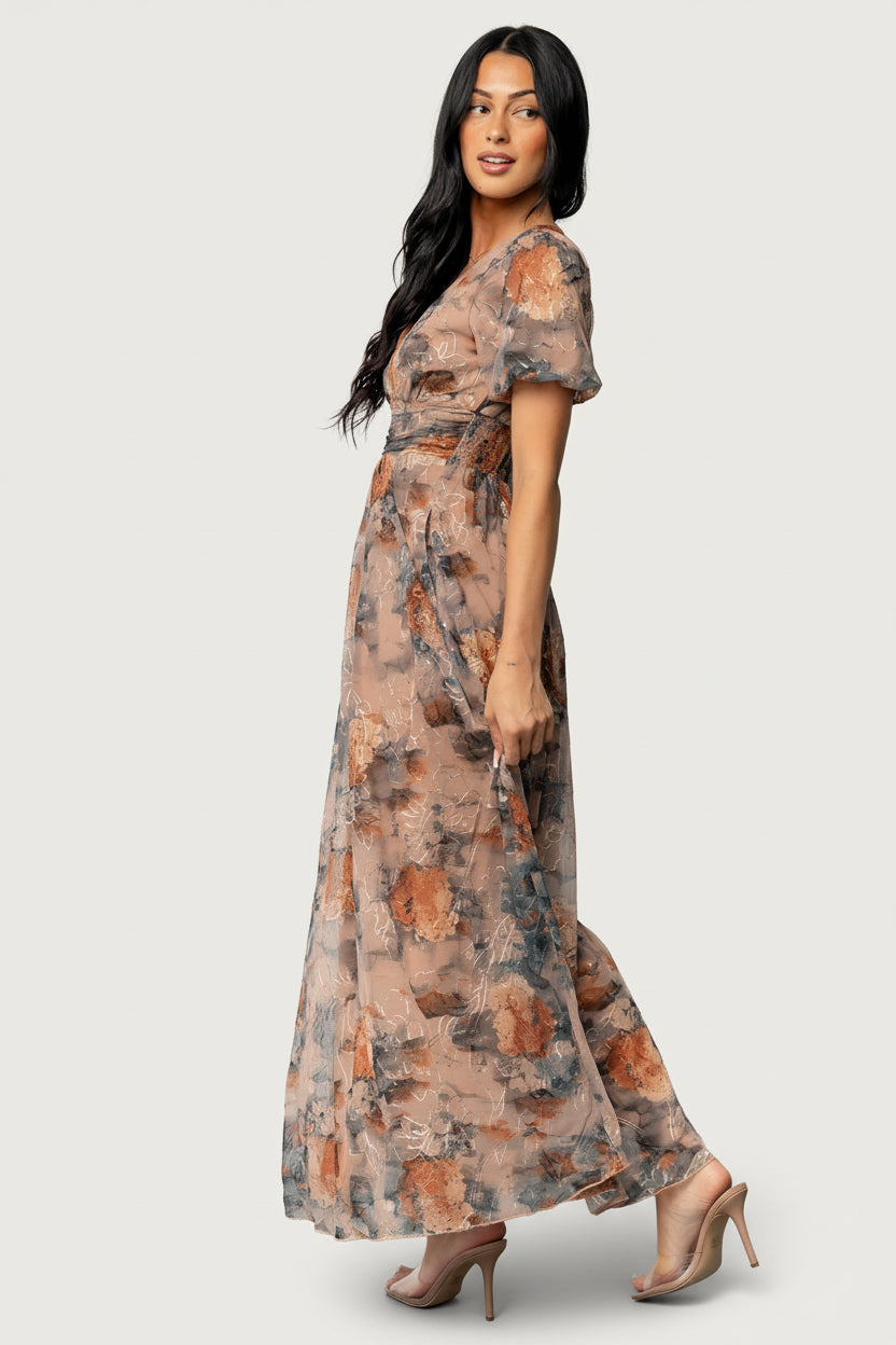 Side view of Ardley Maxi Dress in Copper + Slate Floral showing waist gathering, side pocket opening and natural drape of the skirt.
