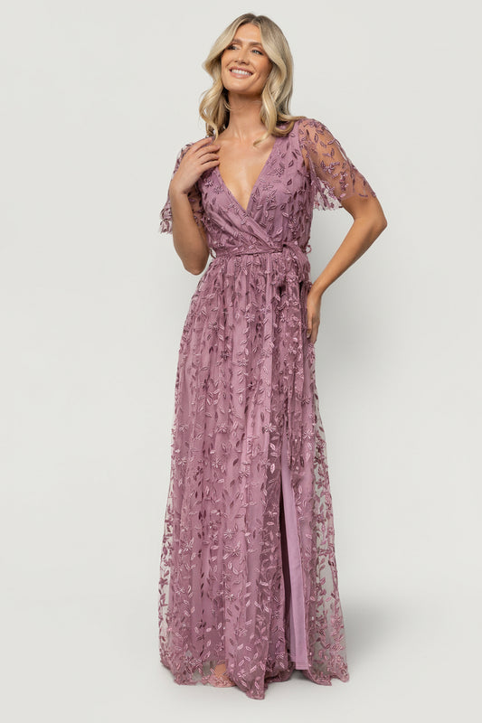 Front view of lavender Marseille embossed organza maxi dress with surplice neckline and short sleeves, shown on mannequin.