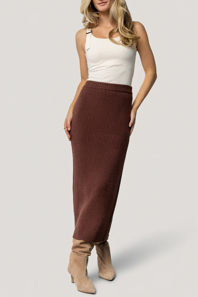 Styled outfit photo of the skirt paired with the matching rib knit cardigan in mahogany for a coordinated, layered look.
