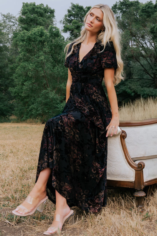 Leslie Velvet Maxi Dress | Black Floral