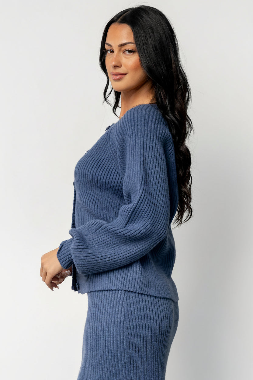 Back view of the Blair rib knit cardigan in blue on a model, showing overall fit, shoulder seam, and hem ribbing.