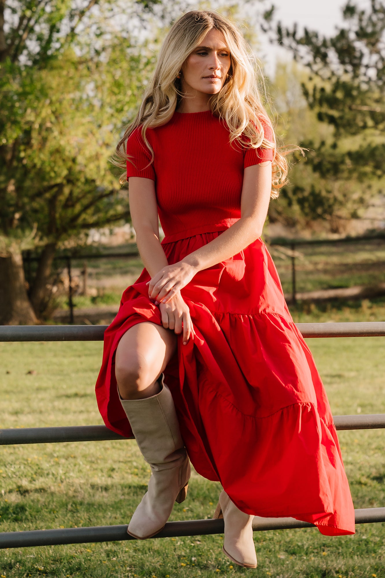 Devotion Tiered Midi Dress Red Ribbed Bodice | Baltic Born M Devotion Tiered Midi Dress Red Ribbed Bodice | Baltic Born M