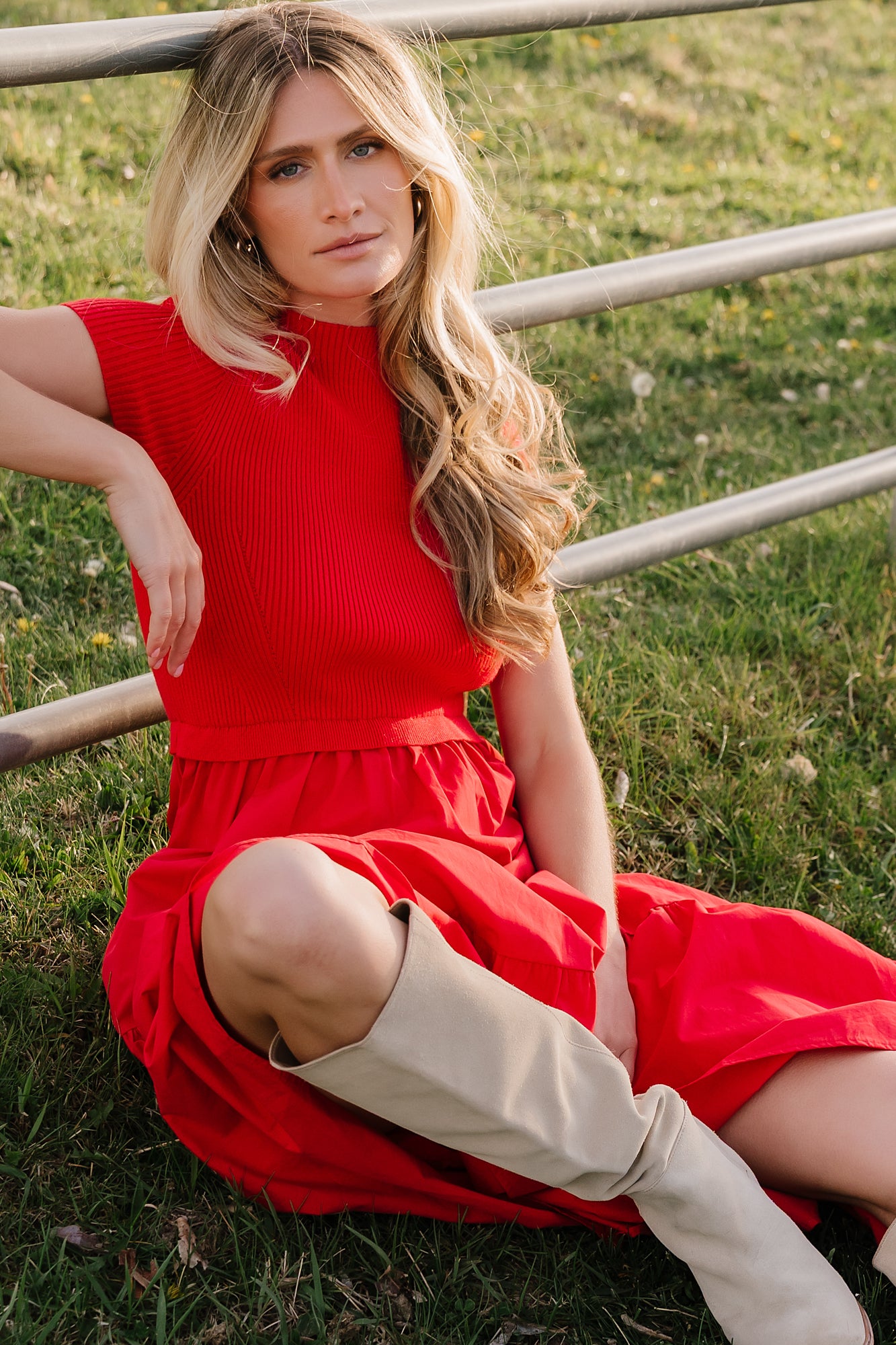 tiered red dress Devotion Tiered Midi Dress — Red Ribbed Bodice