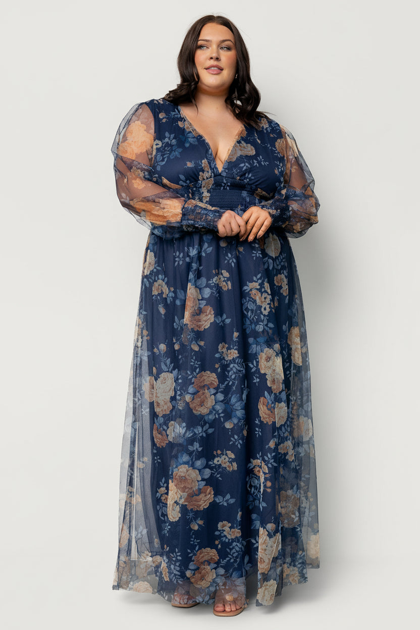 Baltic Born Womens Layla Tulle Maxi Dress | Blue + Golden Floral