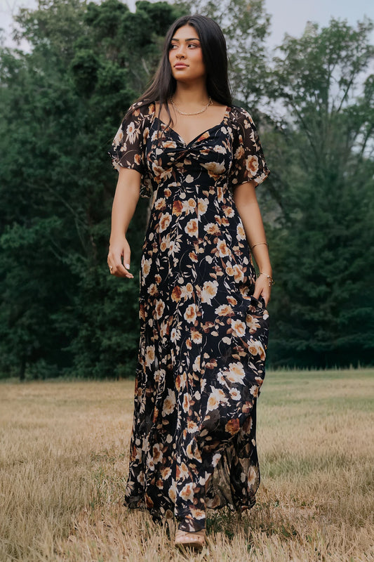 Positano Maxi Dress | Black + Golden Floral