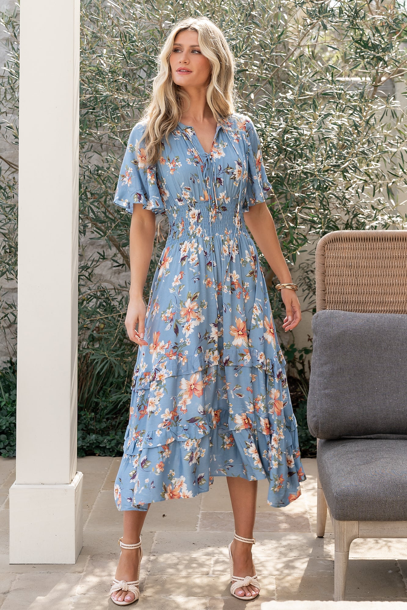 Baltic Born Womens Spell Boho Midi Dress | Blue + Peach Floral