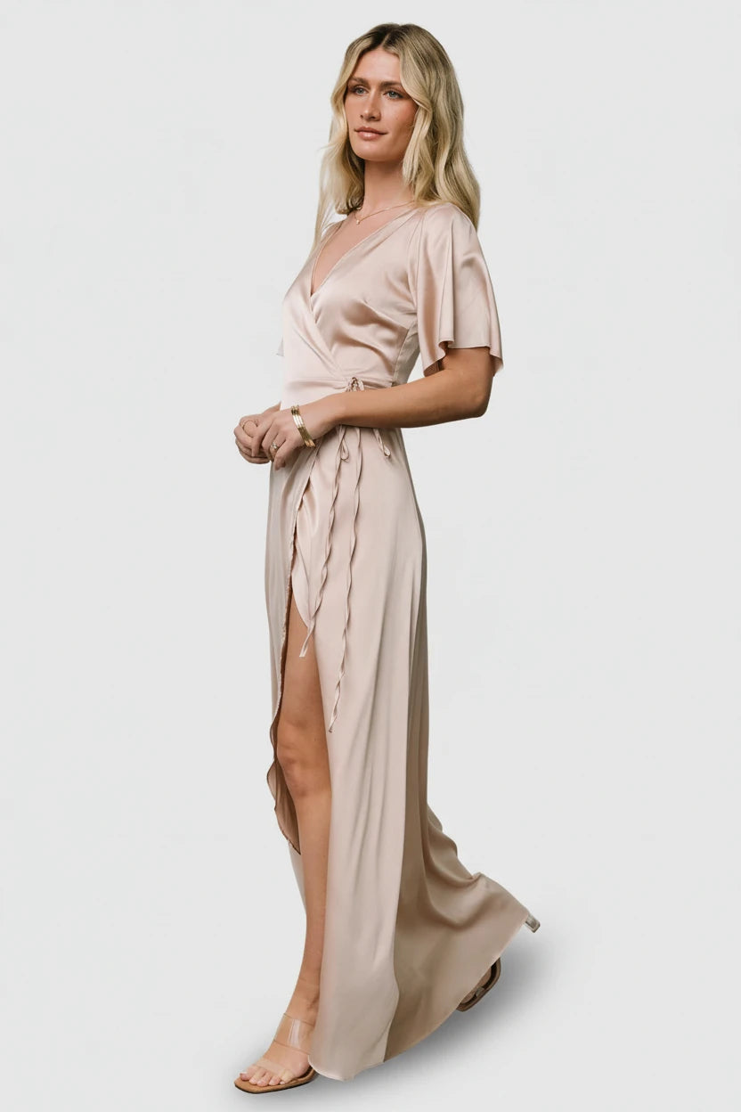 Baltic Born Womens Vara Satin Maxi Wrap Dress | Champagne