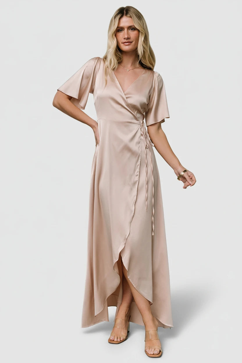 Vara Satin Maxi Wrap Dress | Champagne