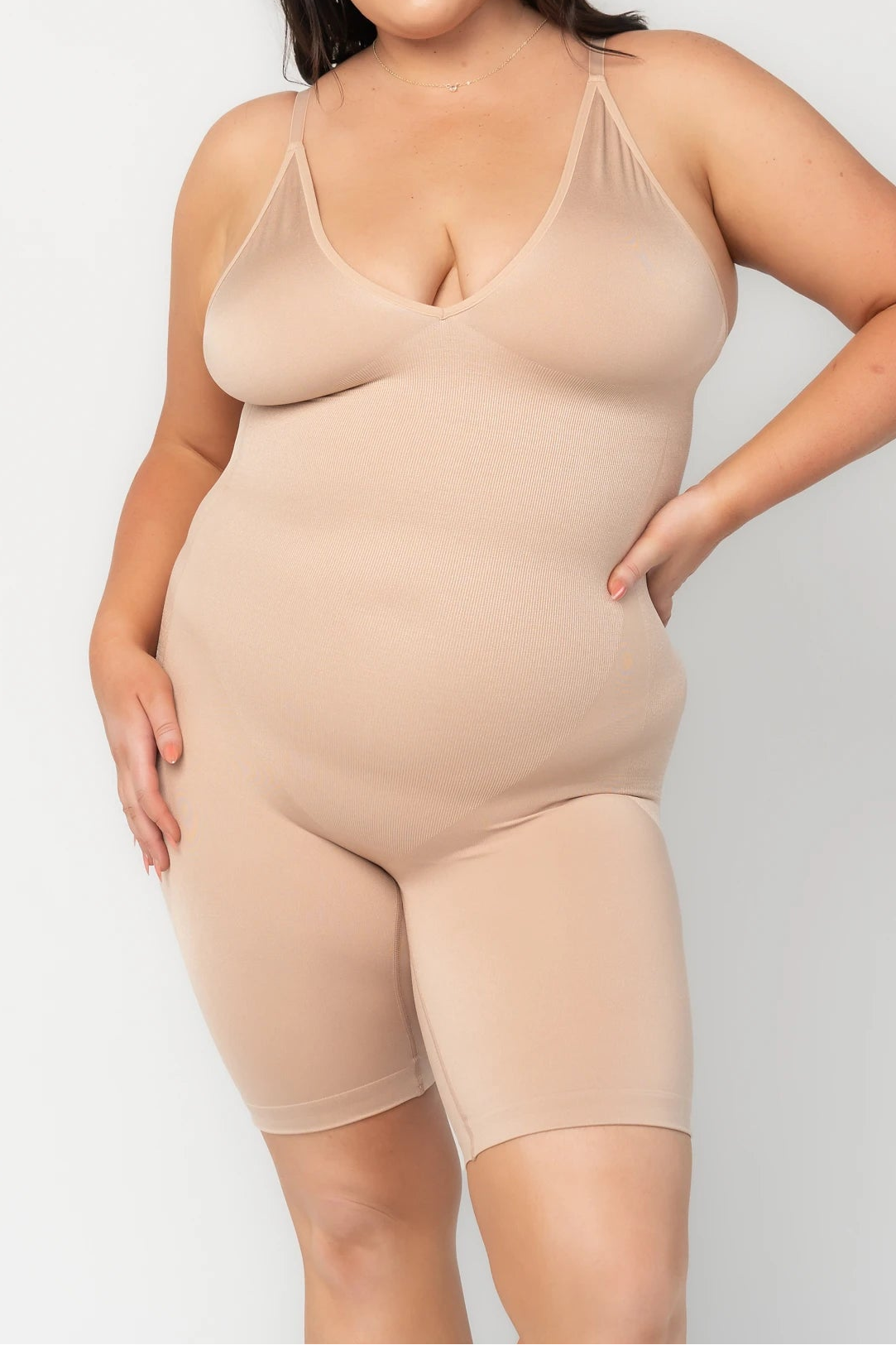 Essential Deep V Mid Thigh Bodysuit | Nude