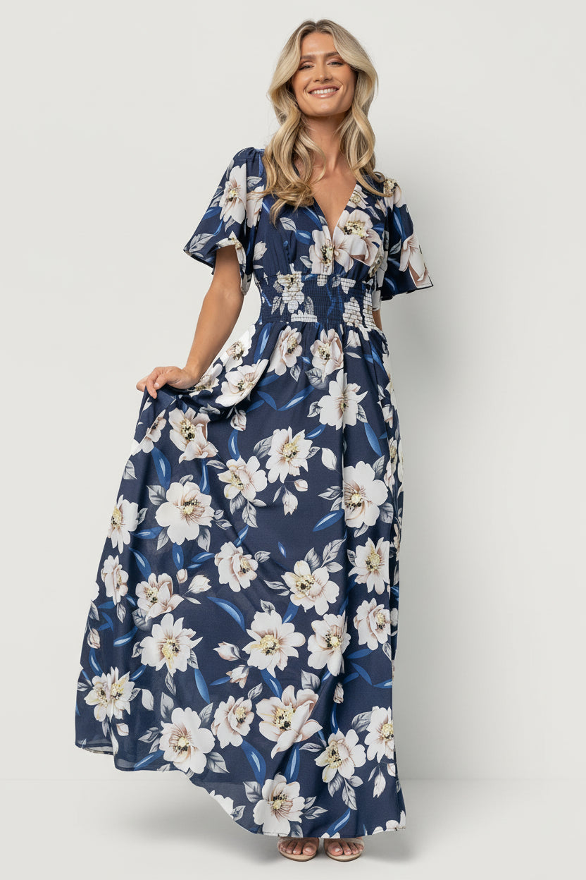 Baltic Born Womens Verona Smocked Maxi Dress | Navy + White Floral