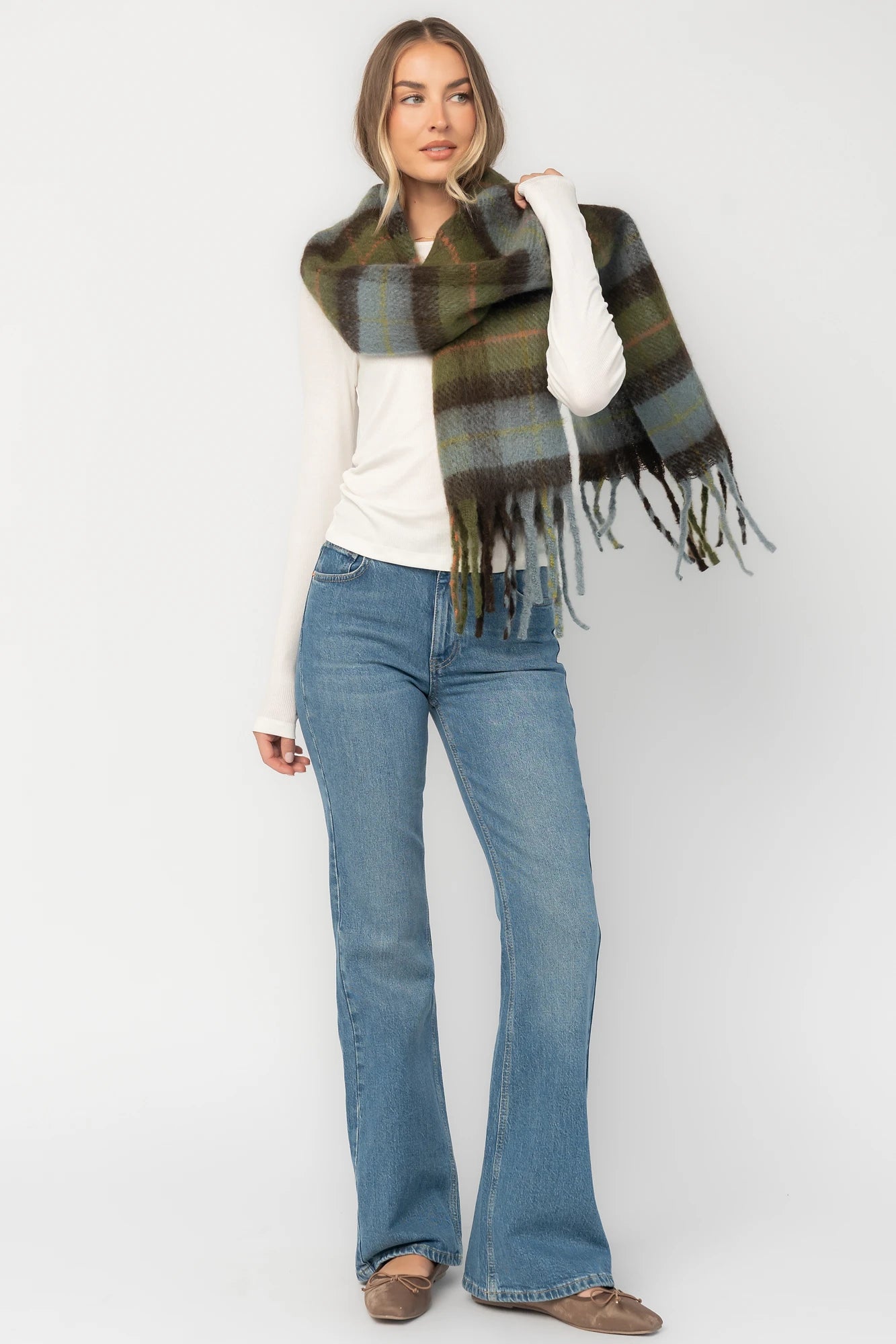 Maison Oversized Scarf | Sage + Blue Plaid