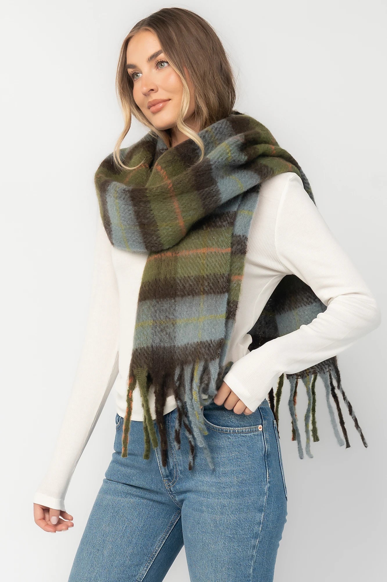 Maison Oversized Scarf | Sage + Blue Plaid