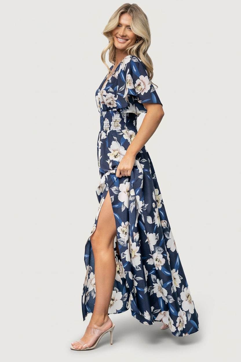 Verona Smocked Maxi Dress | Navy + White Floral Verona Smocked Maxi Dress | Navy + White Floral