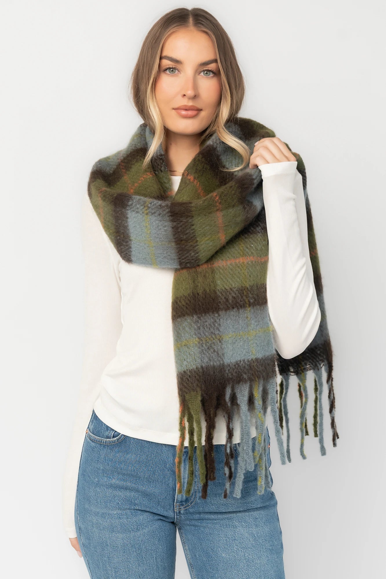 Maison Oversized Scarf | Sage + Blue Plaid