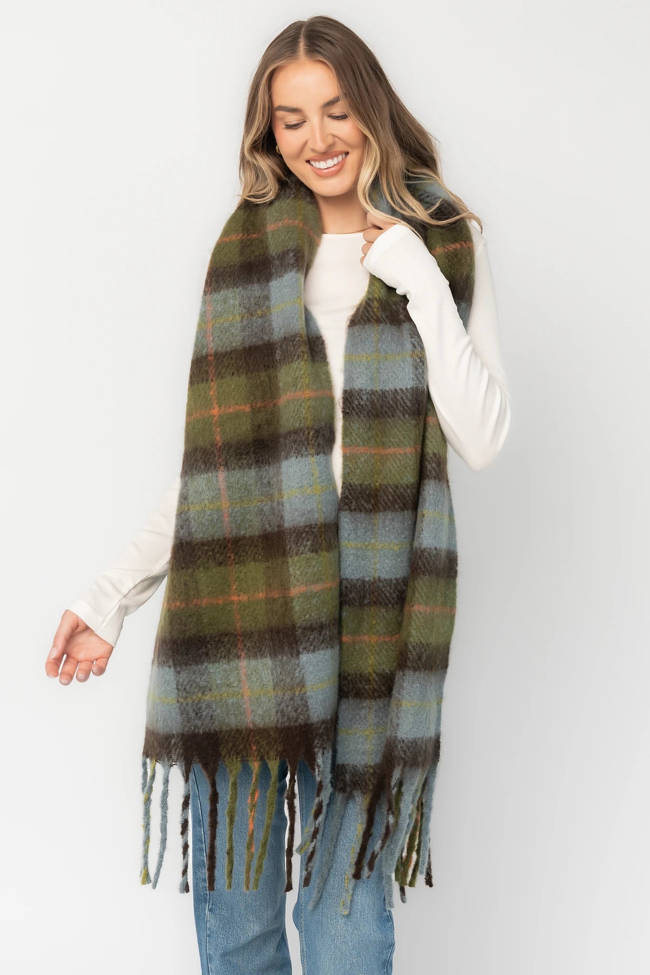 Maison Oversized Scarf | Sage + Blue Plaid