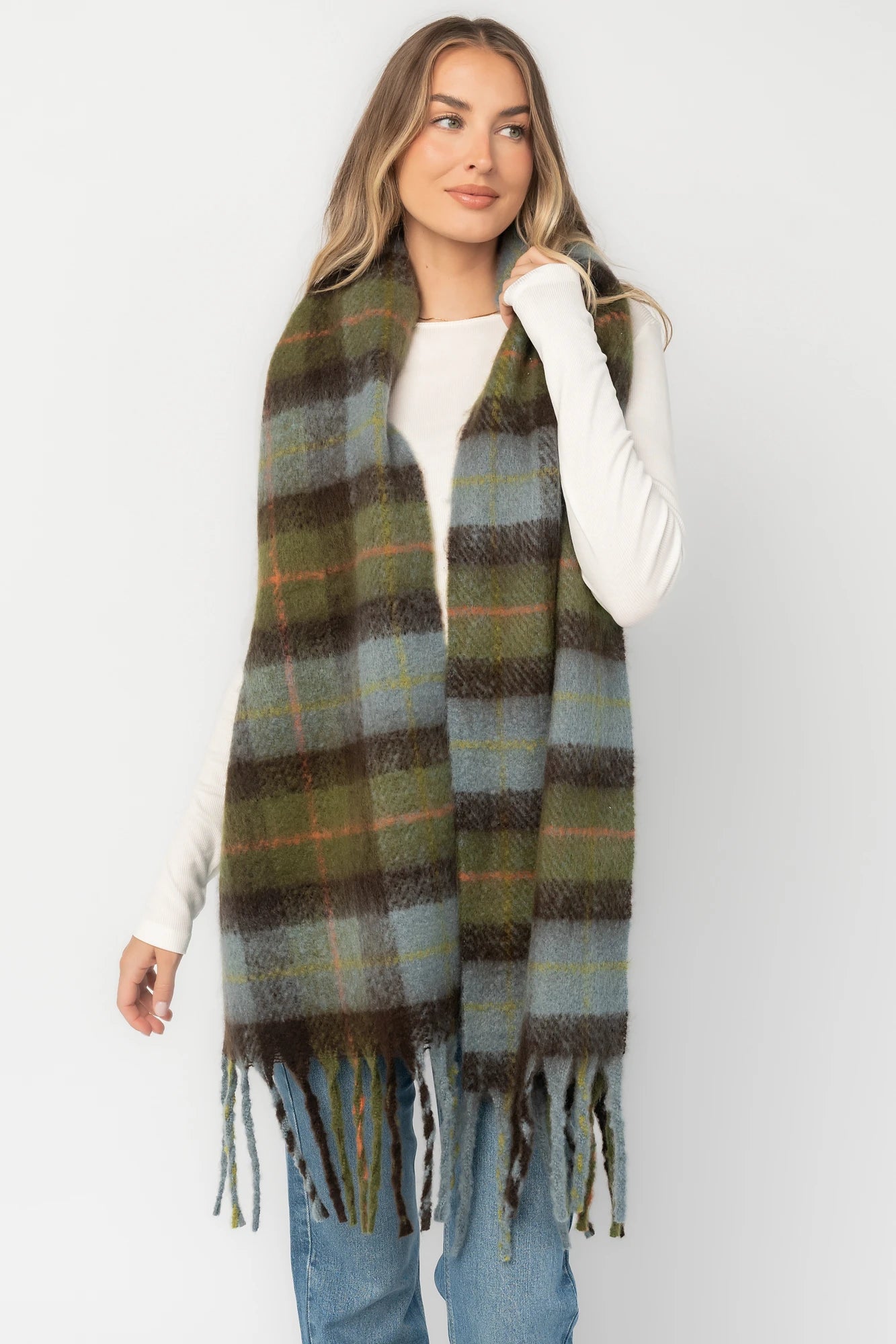 Maison Oversized Scarf | Sage + Blue Plaid