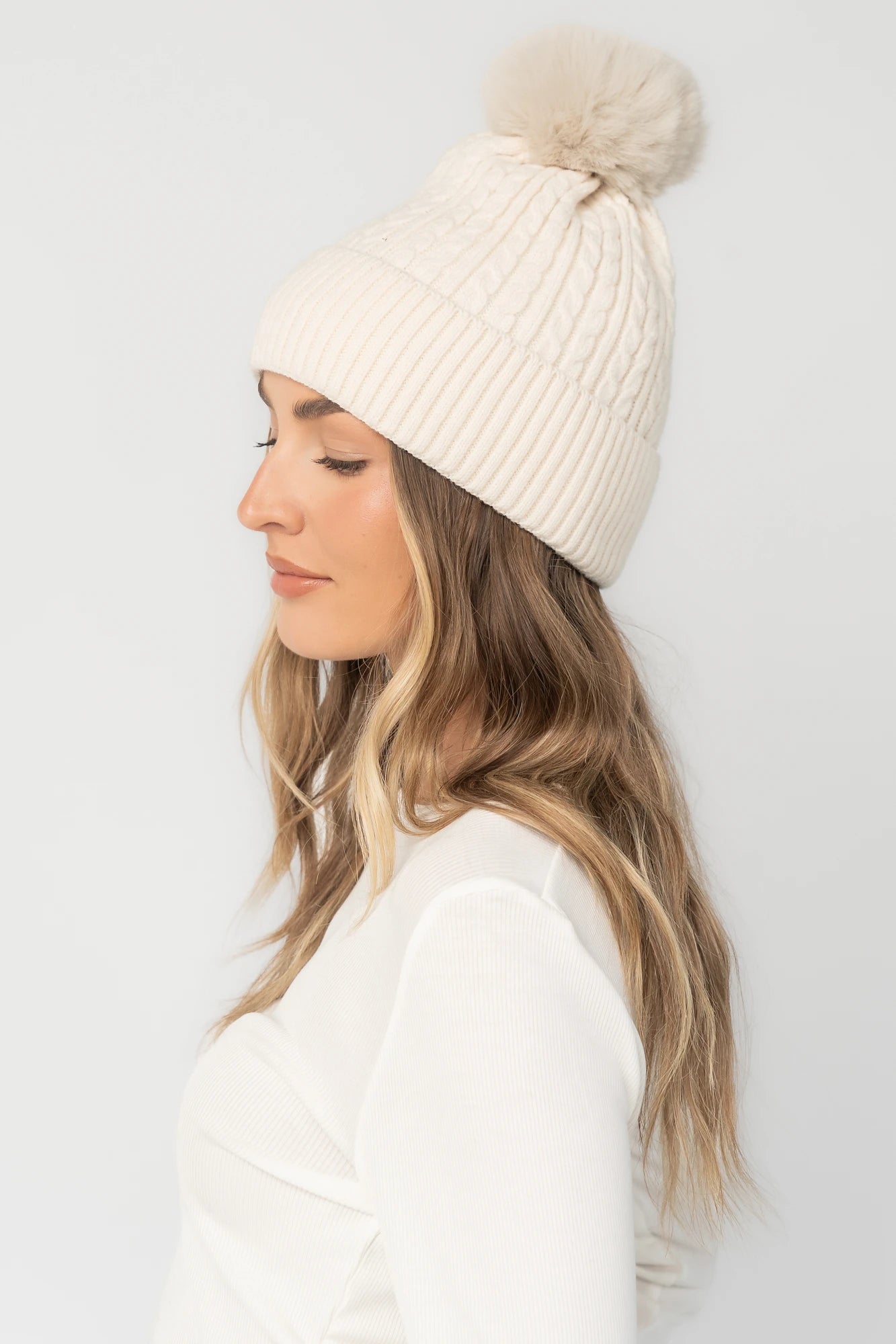 Lake Cable Knit Pom Beanie | Ivory