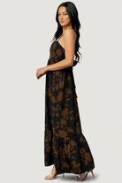 Close-up of Espresso Print chiffon fabric and lining, highlighting print detail, texture, and lightweight drape of the dress.