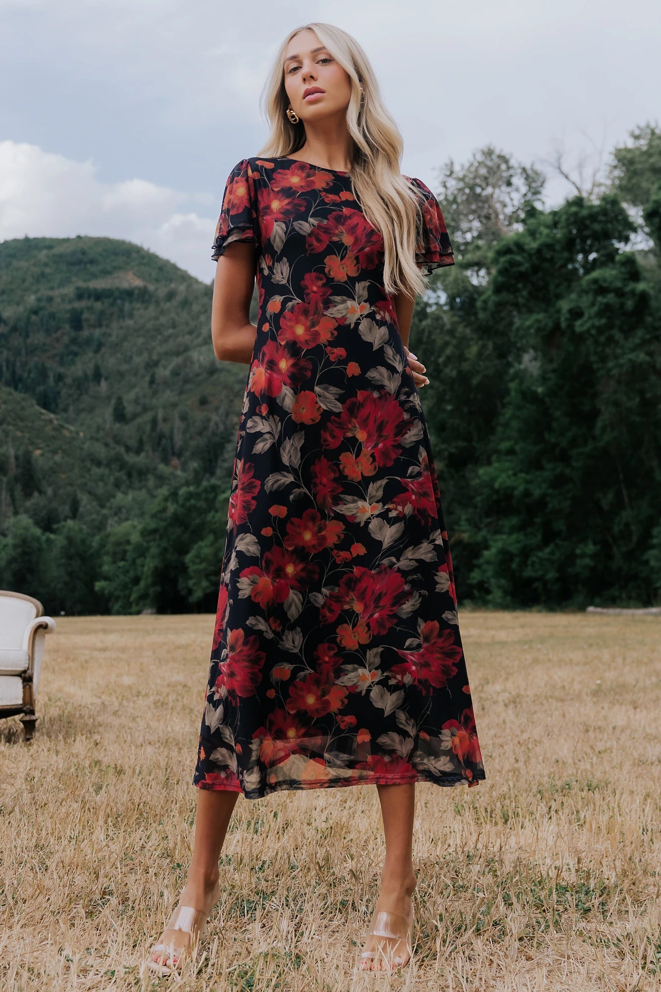 Briony Mesh Maxi Dress | Black + Red Floral