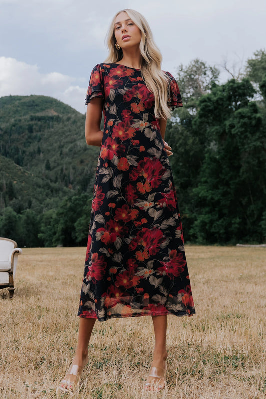 Briony Mesh Maxi Dress | Black + Red Floral
