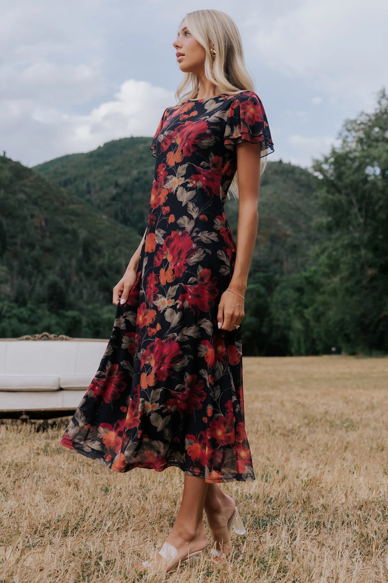 Briony Mesh Maxi Dress | Black + Red Floral